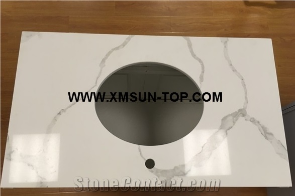 Calacatta Quartz Stone Cabinet Bathroom Countertop/White Artificial Stone Vanity with Wood Cabinet/White Quartz Bath Tops/Custom Cabinet Countertop & Fabrication/Engineered Stone Bathroom/Man-Made