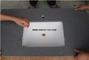 Sparkle Grey Quartz Stone Kitchen Countertop with Sink/Artificial Quartz Kitchen Counter Tops/Engineered Stone Kitchen Countertops/Custom Counter Top/Manmade Stone Kitchen Worktops/Grey Kitchen Tops