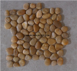 Yellow Pebble Mosaic/Natural River Stone Mosaic Wall Tiles/Washed Pebble Floor Tiles/Flat Pebble Mosaic in Mesh/Yellow Pebble Mosaic/Pebble Mosaic for Bathroom&Kitchen/Interior Decoration