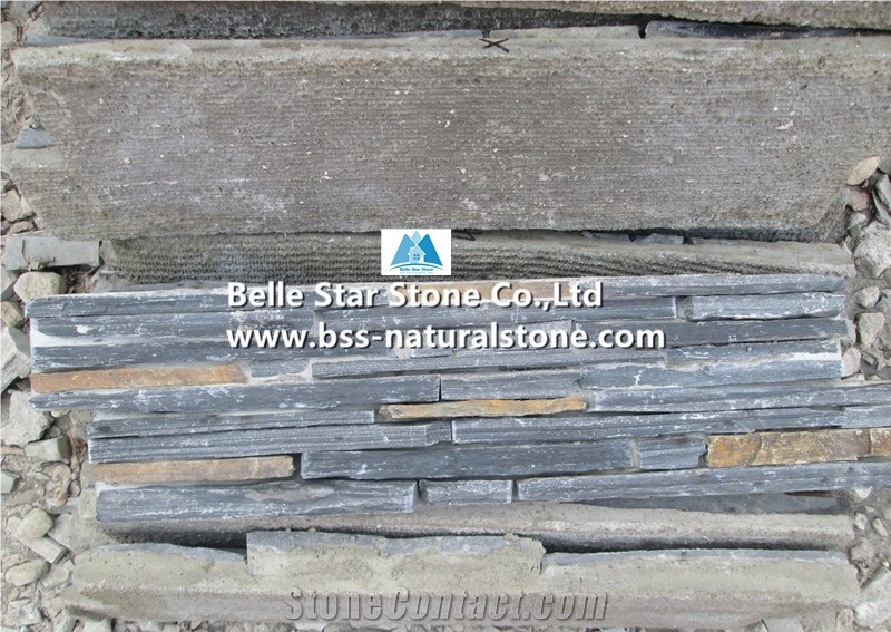 Black Mixed Multicolor Riven Slate Cemented Mini Stacked Stone,Slate Slim Stone Cladding,Natural Culture Stone Back with Cement,Charcoal Grey Mixed Rusty Slate Ledgestone,Stone Panels,Stone Veneer