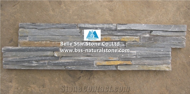 Black Mixed Multicolor Riven Slate Cemented Mini Stacked Stone,Slate Slim Stone Cladding,Natural Culture Stone Back with Cement,Charcoal Grey Mixed Rusty Slate Ledgestone,Stone Panels,Stone Veneer