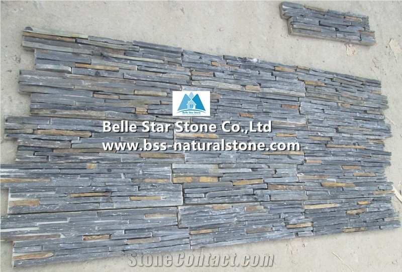 Black Mixed Multicolor Riven Slate Cemented Mini Stacked Stone,Slate Slim Stone Cladding,Natural Culture Stone Back with Cement,Charcoal Grey Mixed Rusty Slate Ledgestone,Stone Panels,Stone Veneer