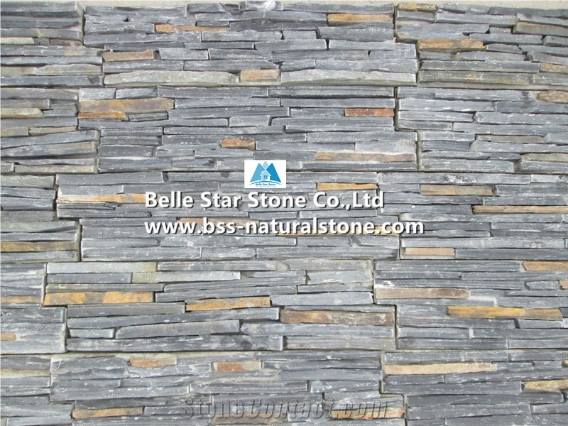Black Mixed Multicolor Riven Slate Cemented Mini Stacked Stone,Slate Slim Stone Cladding,Natural Culture Stone Back with Cement,Charcoal Grey Mixed Rusty Slate Ledgestone,Stone Panels,Stone Veneer
