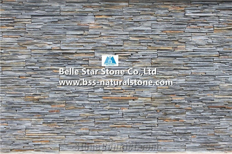 Black Mixed Multicolor Riven Slate Cemented Mini Stacked Stone,Slate Slim Stone Cladding,Natural Culture Stone Back with Cement,Charcoal Grey Mixed Rusty Slate Ledgestone,Stone Panels,Stone Veneer