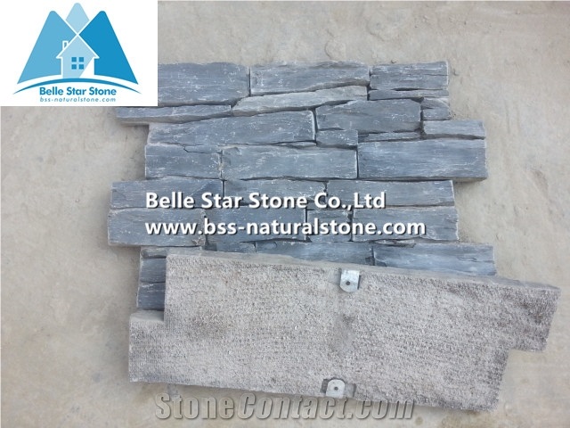 Black Quartzite Ledgestone with Cement Back,Quartzite Z Clad Stone Cladding,Natural Culture Stone,Ledger Panels,Cemented Stacked Stone,Quartzite Stone Veneer,Black Wall Cladding with Concrete Back