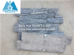 Black Quartzite Ledgestone with Cement Back,Quartzite Z Clad Stone Cladding,Natural Culture Stone,Ledger Panels,Cemented Stacked Stone,Quartzite Stone Veneer,Black Wall Cladding with Concrete Back