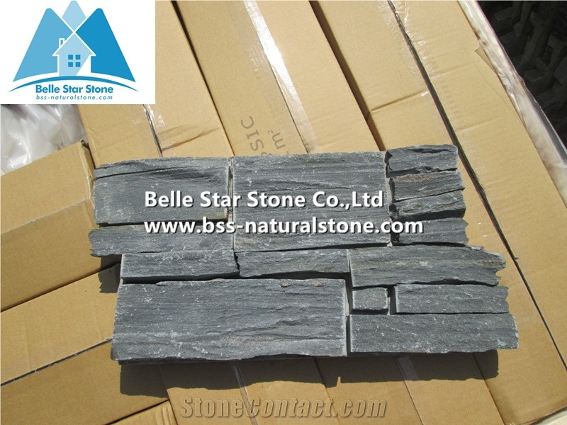 Black Quartzite Ledgestone with Cement Back,Quartzite Z Clad Stone Cladding,Natural Culture Stone,Ledger Panels,Cemented Stacked Stone,Quartzite Stone Veneer,Black Wall Cladding with Concrete Back