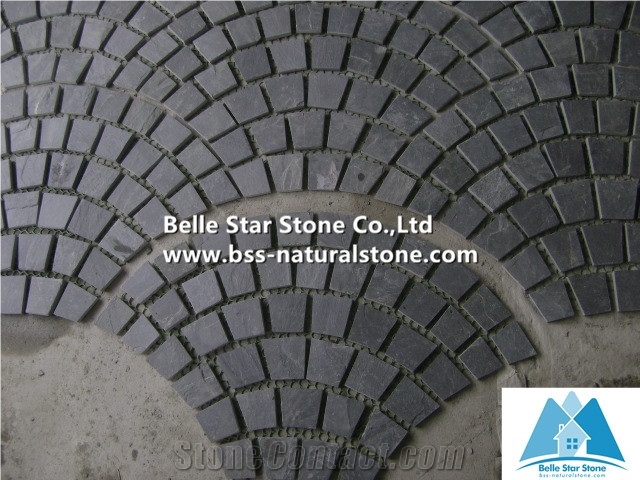 Black Riven Slate Fan Pattern Meshed Flagstone,Charcoal Grey Split Face Slate Flagstone Walkway,Slate Flagstone Driveway,Natural Flagstone Patio,Black Flagstone Pavers