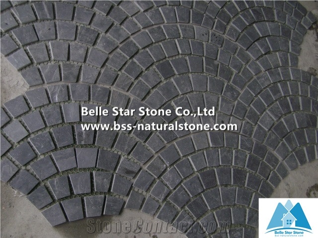 Black Riven Slate Fan Pattern Meshed Flagstone,Charcoal Grey Split Face Slate Flagstone Walkway,Slate Flagstone Driveway,Natural Flagstone Patio,Black Flagstone Pavers