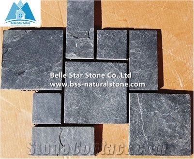 Black Riven Slate Meshed Flagstone Patio,Charcoal Grey Split Face Slate Flagstone Pavers,Carbon Black Slate Flagstone Walkway,Slate Flagstone Courtyard,Flagstone Paving Stone