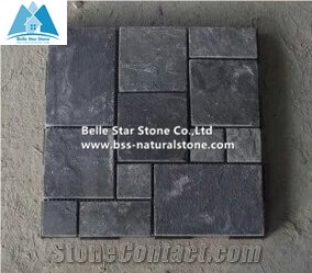Black Riven Slate Meshed Flagstone Patio,Charcoal Grey Split Face Slate Flagstone Pavers,Carbon Black Slate Flagstone Walkway,Slate Flagstone Courtyard,Flagstone Paving Stone