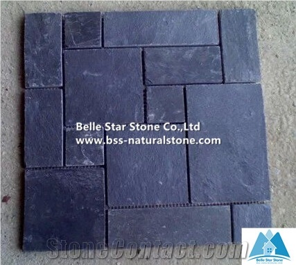 Black Riven Slate Meshed Flagstone Patio,Charcoal Grey Split Face Slate Flagstone Pavers,Carbon Black Slate Flagstone Walkway,Slate Flagstone Courtyard,Flagstone Paving Stone