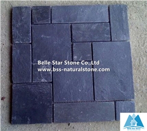 Black Riven Slate Meshed Flagstone Patio,Charcoal Grey Split Face Slate Flagstone Pavers,Carbon Black Slate Flagstone Walkway,Slate Flagstone Courtyard,Flagstone Paving Stone