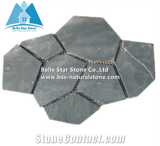 Black Riven Slate Meshed Flagstone,Split Face Slate Flagstone Patio,Charcoal Grey Slate Flagstone Walkway Pavers,Slate Courtyard Flagstone,Natural Flagstone Wall,Black Flagstone Wall