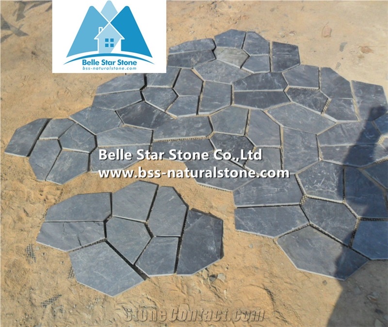 Black Riven Slate Meshed Flagstone,Split Face Slate Flagstone Patio,Charcoal Grey Slate Flagstone Walkway Pavers,Slate Courtyard Flagstone,Natural Flagstone Wall,Black Flagstone Wall