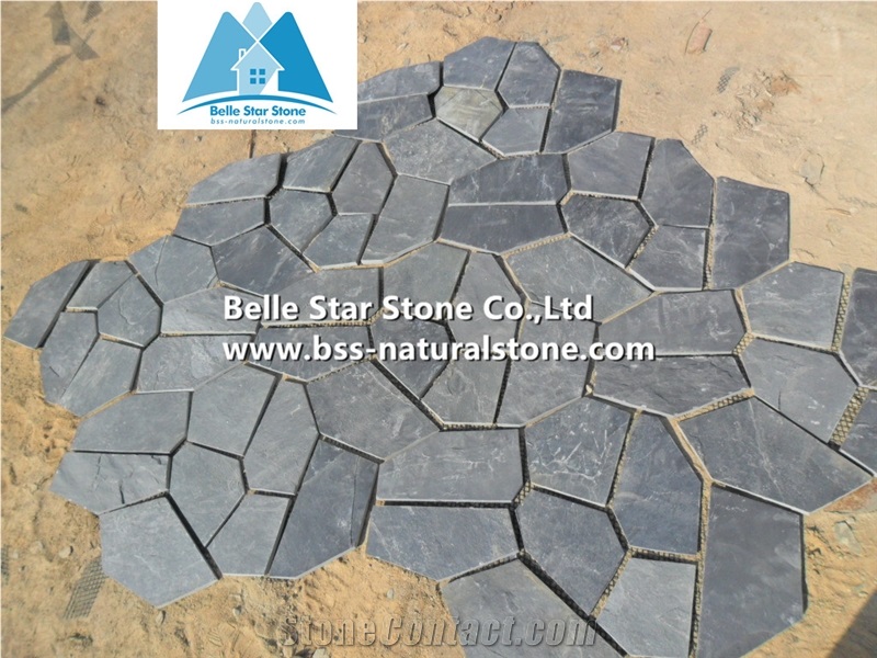 Black Riven Slate Meshed Flagstone,Split Face Slate Flagstone Patio,Charcoal Grey Slate Flagstone Walkway Pavers,Slate Courtyard Flagstone,Natural Flagstone Wall,Black Flagstone Wall