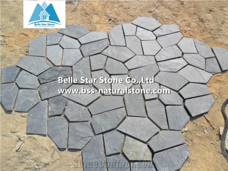 Black Riven Slate Meshed Flagstone,Split Face Slate Flagstone Patio,Charcoal Grey Slate Flagstone Walkway Pavers,Slate Courtyard Flagstone,Natural Flagstone Wall,Black Flagstone Wall
