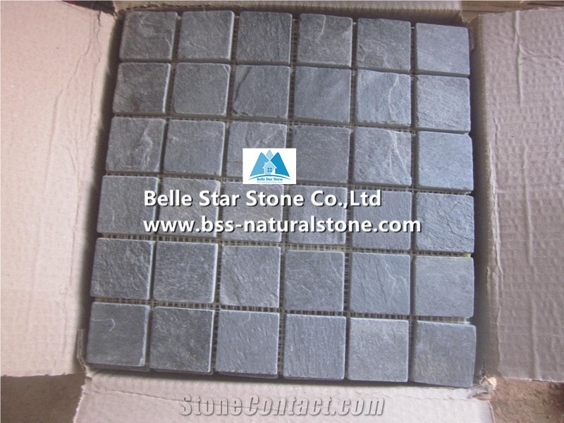 Black Riven Slate Mosaic,Charcoal Grey Split Face Slate Wall Mosaic,Carbon Black Slate Floor Mosaic,Black Slate Mosaic Pattern,Natural Stone Mosaic,Black Slate Mosaic Tiles,Split Face Mosaic