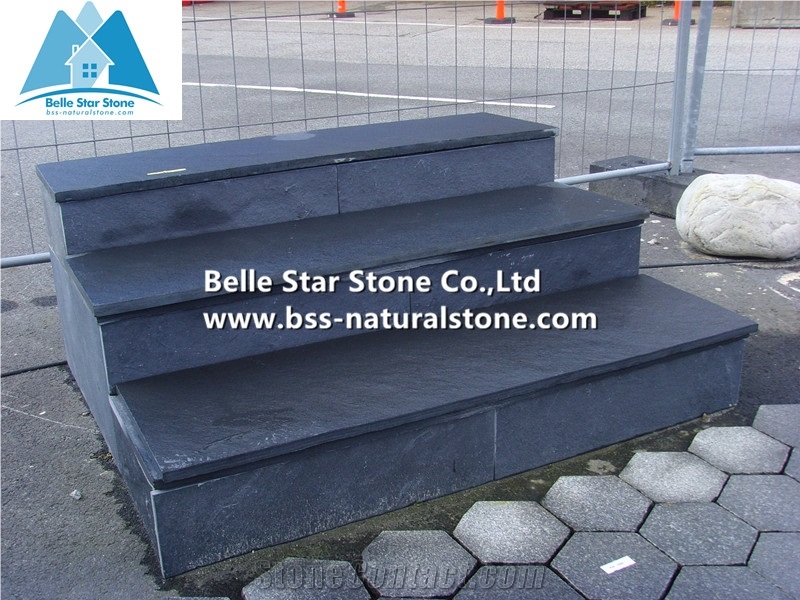 Black Slate Steps,Charcoal Grey Slate Staircase,Carbon Black Slate Staircase,Black Split Face Slate Stair Riser,Slate Stone Stair Treads
