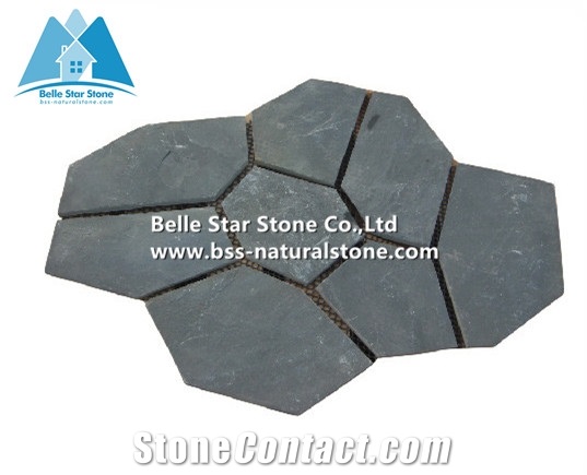China Black Riven Slate Meshed Flagstone,Charcoal Grey Slate Flagstone Patio,Split Face Slate Flagstone Pavers,Carbon Black Flagstone Walkway Pavers,Natural Stone Flagstone Wall