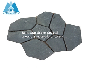 China Black Riven Slate Meshed Flagstone,Charcoal Grey Slate Flagstone Patio,Split Face Slate Flagstone Pavers,Carbon Black Flagstone Walkway Pavers,Natural Stone Flagstone Wall