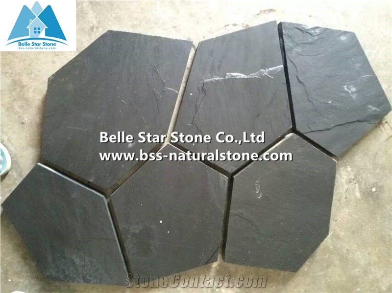 China Black Riven Slate Meshed Flagstone,Charcoal Grey Slate Flagstone Patio,Split Face Slate Flagstone Pavers,Carbon Black Flagstone Walkway Pavers,Natural Stone Flagstone Wall
