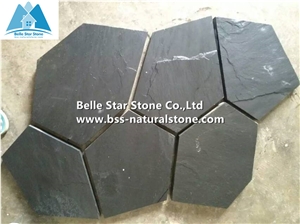 China Black Riven Slate Meshed Flagstone,Charcoal Grey Slate Flagstone Patio,Split Face Slate Flagstone Pavers,Carbon Black Flagstone Walkway Pavers,Natural Stone Flagstone Wall