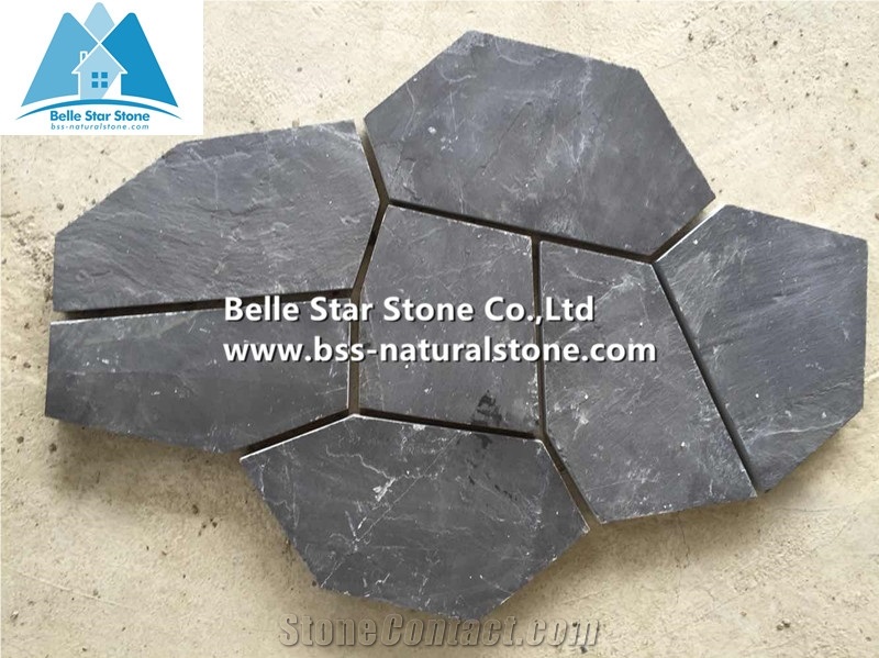 China Black Riven Slate Meshed Flagstone,Charcoal Grey Slate Flagstone Patio,Split Face Slate Flagstone Pavers,Carbon Black Flagstone Walkway Pavers,Natural Stone Flagstone Wall
