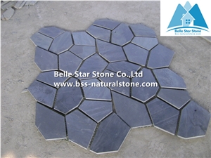 China Black Riven Slate Meshed Flagstone,Charcoal Grey Slate Flagstone Patio,Split Face Slate Flagstone Pavers,Carbon Black Flagstone Walkway Pavers,Natural Stone Flagstone Wall