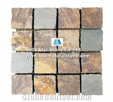 China Multicolor Riven Slate Meshed Cube Stone,Rusty Split Face Slate Flagstone Driveway,Sunset Slate Flagstone Patio Pavers,Multicolour Slate Flagstone Walkway,Autumn Rose Slate Paving Sets,Flagstone