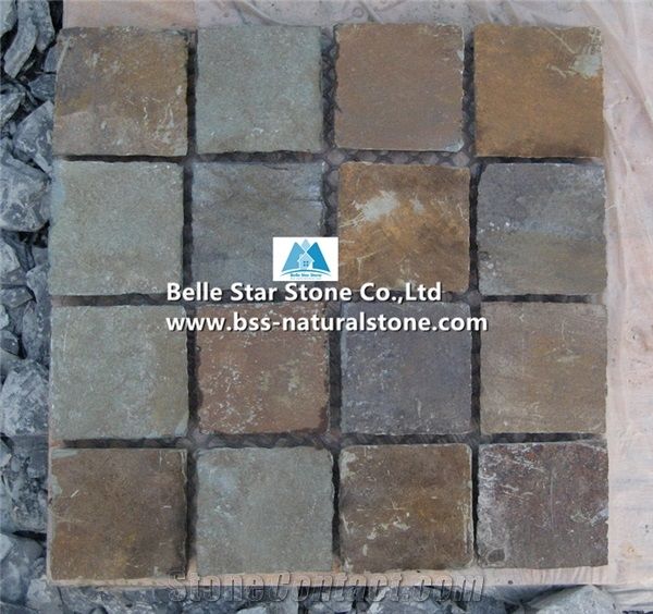 China Multicolor Riven Slate Meshed Cube Stone,Rusty Split Face Slate Flagstone Driveway,Sunset Slate Flagstone Patio Pavers,Multicolour Slate Flagstone Walkway,Autumn Rose Slate Paving Sets,Flagstone