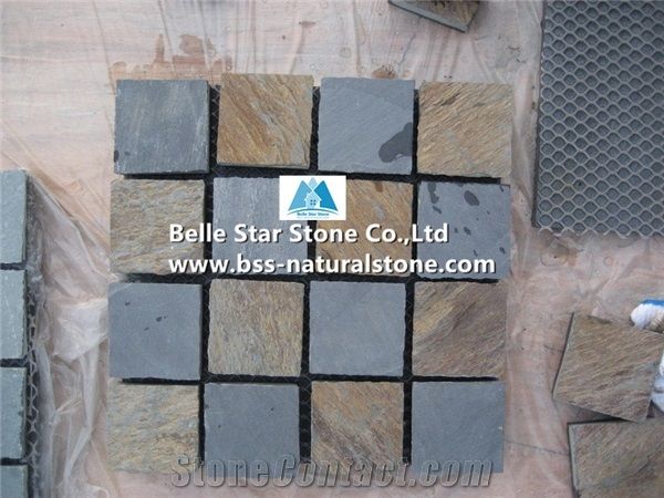 China Multicolor Riven Slate Meshed Cube Stone,Rusty Split Face Slate Flagstone Driveway,Sunset Slate Flagstone Patio Pavers,Multicolour Slate Flagstone Walkway,Autumn Rose Slate Paving Sets,Flagstone