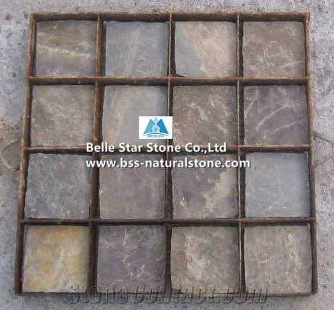China Multicolor Riven Slate Meshed Cube Stone,Rusty Split Face Slate Flagstone Driveway,Sunset Slate Flagstone Patio Pavers,Multicolour Slate Flagstone Walkway,Autumn Rose Slate Paving Sets,Flagstone