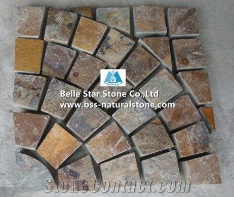 China Multicolor Riven Slate Meshed Flagstone,Rusty Split Face Slate Flagstone Paving Sets,Multicolour Slate Flagstone Walkway Pavers,Sunset Slate Flagstone Courtyard,Autumn Rose Slate Flagstone Patio