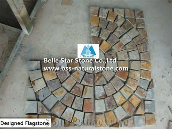 China Multicolor Riven Slate Meshed Flagstone,Rusty Split Face Slate Flagstone Paving Sets,Multicolour Slate Flagstone Walkway Pavers,Sunset Slate Flagstone Courtyard,Autumn Rose Slate Flagstone Patio