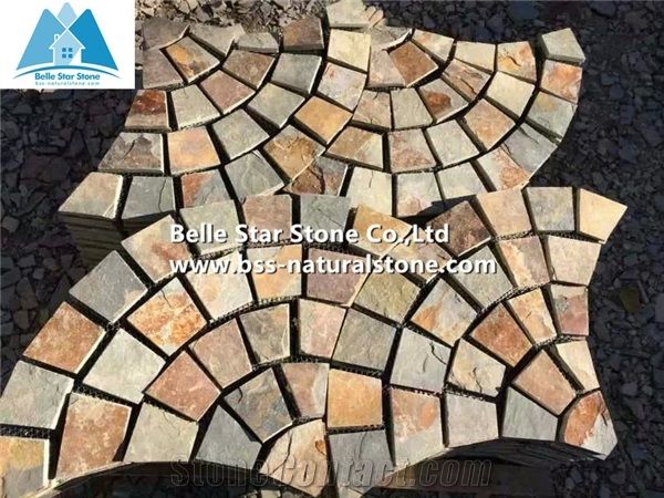 China Multicolor Riven Slate Meshed Flagstone,Rusty Split Face Slate Flagstone Paving Sets,Multicolour Slate Flagstone Walkway Pavers,Sunset Slate Flagstone Courtyard,Autumn Rose Slate Flagstone Patio
