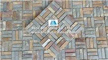 China Multicolour Riven Slate Mosaic,Rusty Split Face Slate Wall Mosaic,Sunset Slate Floor Mosaic,Autumn Rose Slate Mosaic Pattern,Multicolor Slate Mosaic Tiles,Natural Copper Rust Slate Stone Mosaic