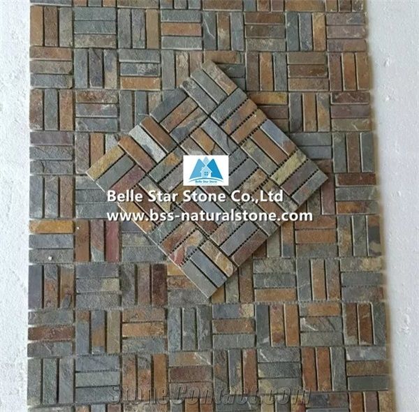China Multicolour Riven Slate Mosaic,Rusty Split Face Slate Wall Mosaic,Sunset Slate Floor Mosaic,Autumn Rose Slate Mosaic Pattern,Multicolor Slate Mosaic Tiles,Natural Copper Rust Slate Stone Mosaic
