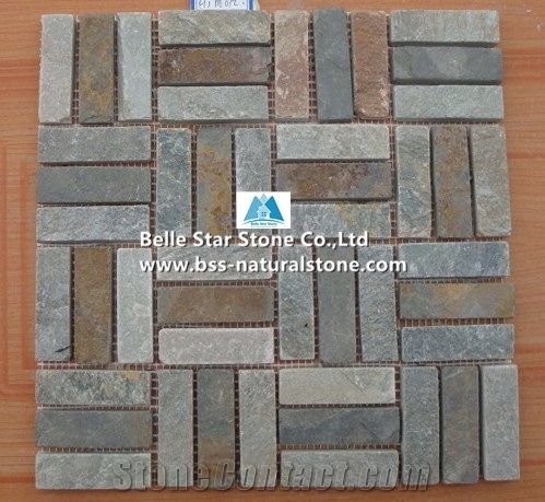 China Multicolour Riven Slate Mosaic,Rusty Split Face Slate Wall Mosaic,Sunset Slate Floor Mosaic,Autumn Rose Slate Mosaic Pattern,Multicolor Slate Mosaic Tiles,Natural Copper Rust Slate Stone Mosaic