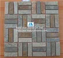 China Multicolour Riven Slate Mosaic,Rusty Split Face Slate Wall Mosaic,Sunset Slate Floor Mosaic,Autumn Rose Slate Mosaic Pattern,Multicolor Slate Mosaic Tiles,Natural Copper Rust Slate Stone Mosaic