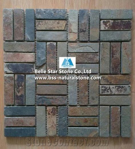 China Multicolour Riven Slate Mosaic,Rusty Split Face Slate Wall Mosaic,Sunset Slate Floor Mosaic,Autumn Rose Slate Mosaic Pattern,Multicolor Slate Mosaic Tiles,Natural Copper Rust Slate Stone Mosaic