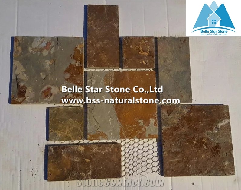 Chinese Multicolor Riven Slate Meshed Flagstone Patio,Rusty Split Face Slate Flagstone Walkway,Copper Rust Slate Flagstone Pavers,Sunset Slate Flagstone Courtyard,Multicolour Slate Flagstone Pavers
