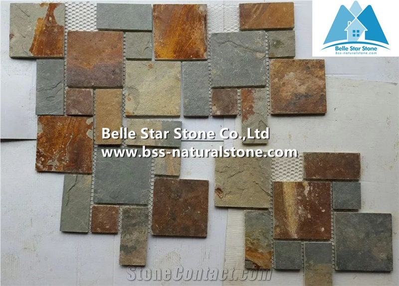 Chinese Multicolor Riven Slate Meshed Flagstone Patio,Rusty Split Face Slate Flagstone Walkway,Copper Rust Slate Flagstone Pavers,Sunset Slate Flagstone Courtyard,Multicolour Slate Flagstone Pavers