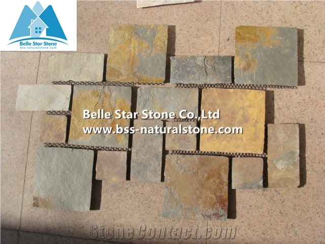 Chinese Multicolor Riven Slate Meshed Flagstone Patio,Rusty Split Face Slate Flagstone Walkway,Copper Rust Slate Flagstone Pavers,Sunset Slate Flagstone Courtyard,Multicolour Slate Flagstone Pavers