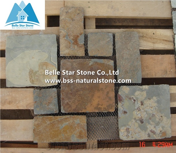 Chinese Multicolor Riven Slate Meshed Flagstone Patio,Rusty Split Face Slate Flagstone Walkway,Copper Rust Slate Flagstone Pavers,Sunset Slate Flagstone Courtyard,Multicolour Slate Flagstone Pavers