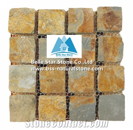Chinese Multicolour Riven Slate Cube Stone,Rusty Split Face Slate Paving Sets,Sunset Slate Flagstone Driveway,Copper Rust Slate Flagstone Walkway Pavers,Multicolor Slate Patio Stones,Slate Flagstone