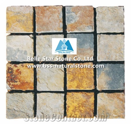 Chinese Multicolour Riven Slate Cube Stone,Rusty Split Face Slate Paving Sets,Sunset Slate Flagstone Driveway,Copper Rust Slate Flagstone Walkway Pavers,Multicolor Slate Patio Stones,Slate Flagstone