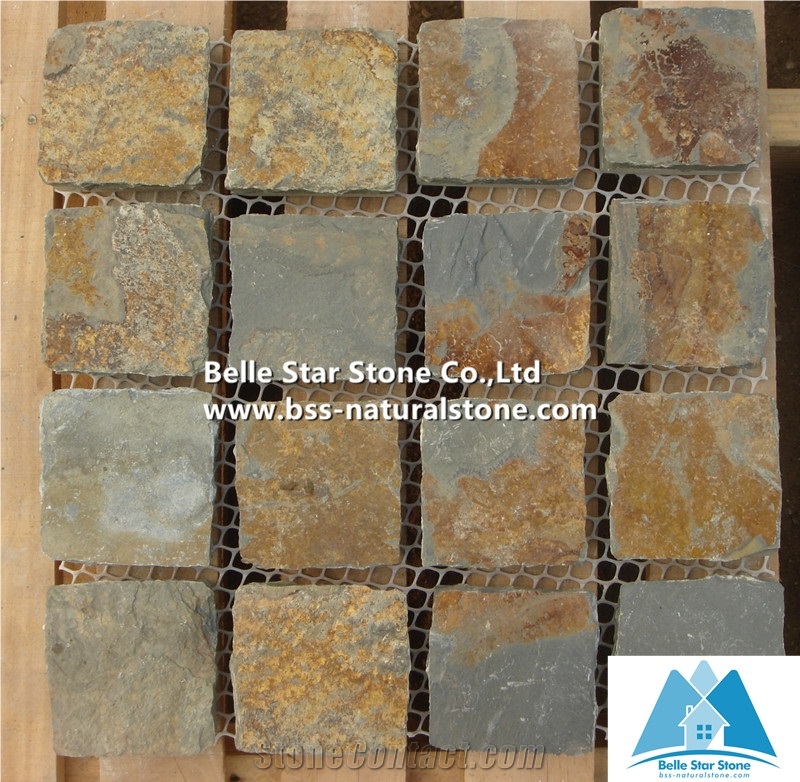 Chinese Multicolour Riven Slate Cube Stone,Rusty Split Face Slate Paving Sets,Sunset Slate Flagstone Driveway,Copper Rust Slate Flagstone Walkway Pavers,Multicolor Slate Patio Stones,Slate Flagstone