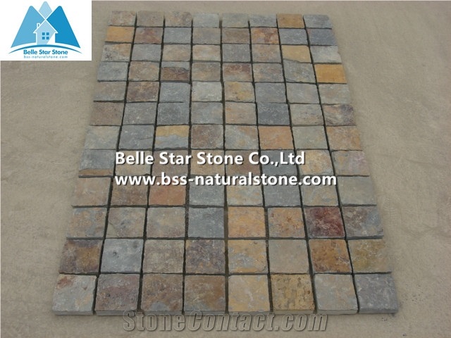 Chinese Multicolour Riven Slate Cube Stone,Rusty Split Face Slate Paving Sets,Sunset Slate Flagstone Driveway,Copper Rust Slate Flagstone Walkway Pavers,Multicolor Slate Patio Stones,Slate Flagstone