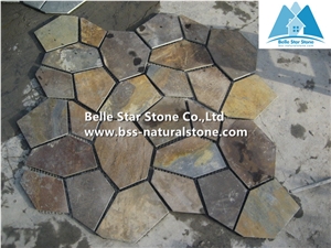 Chinese Multicolour Riven Slate Meshed Flagstone,Rusty Split Face Slate Flagstone Patios,Sunset Slate Flagstone Pavers,Copper Rust Slate Flagstone Wall,Autumn Rose Flagstone Walkway Pavers